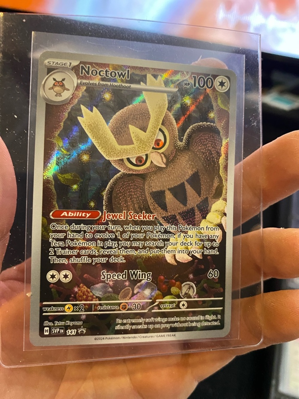 Pokemon Noctowl Holographic Card - Brown, Gold, Green, Red, Black